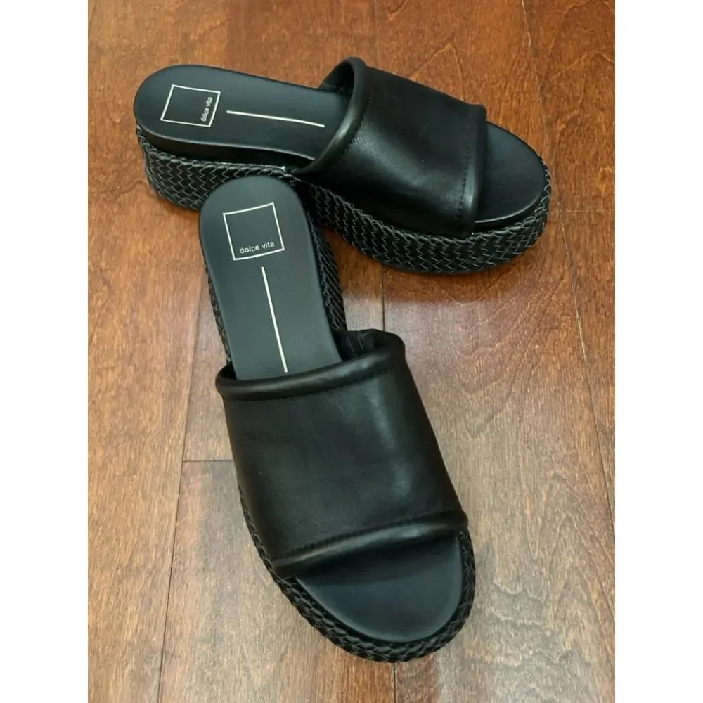 Dolce Vita Wimsyn Black Leather Platform Slide with Woven Platform, Size 8.5